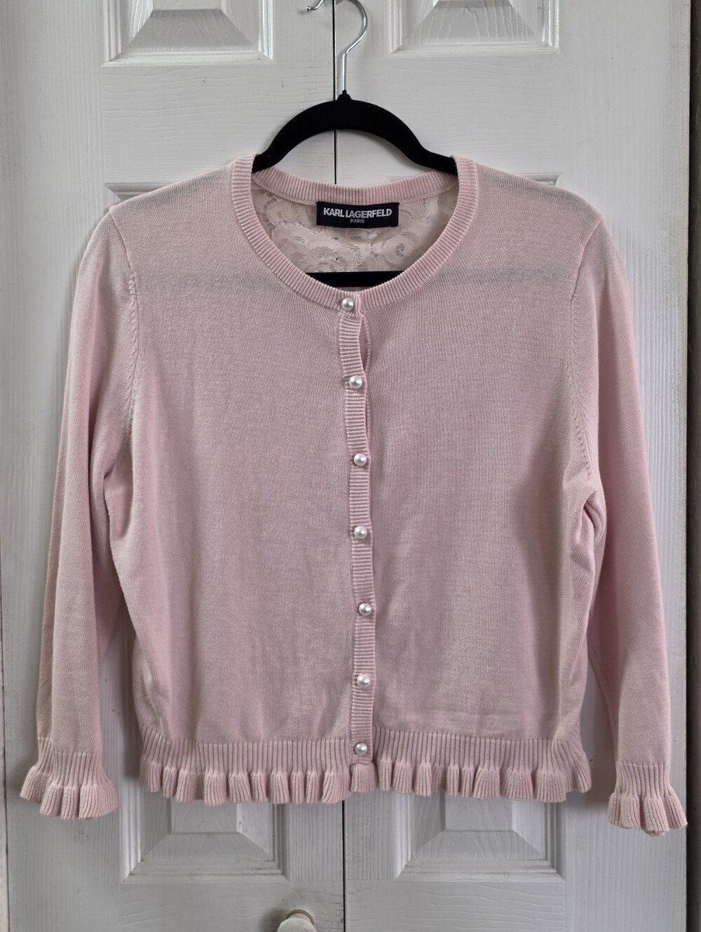 Karl Lagerfeld Pink Pearl-Button Ruffle-Hem Cardigan L